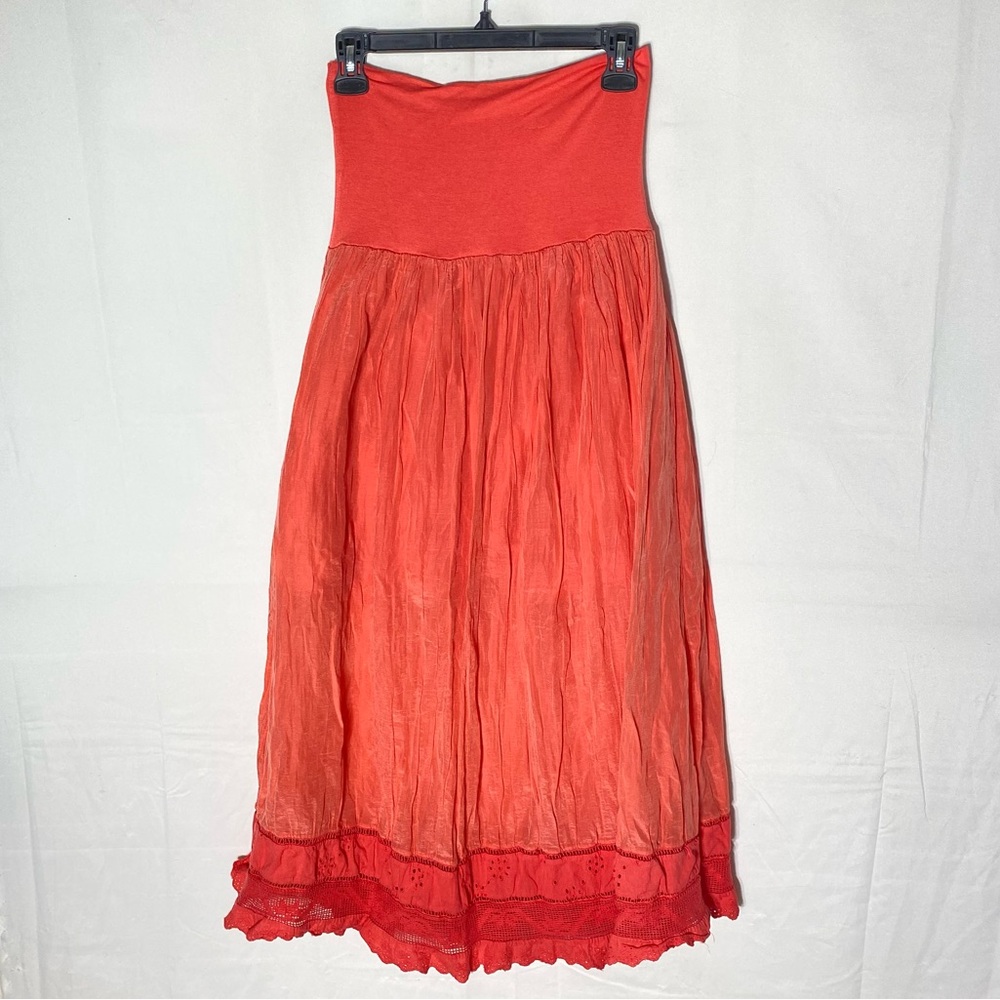 Jorge-Juan Coral Silk Boho Midi Skirt W Ruffle Eyelet Trim L Festival Coquette